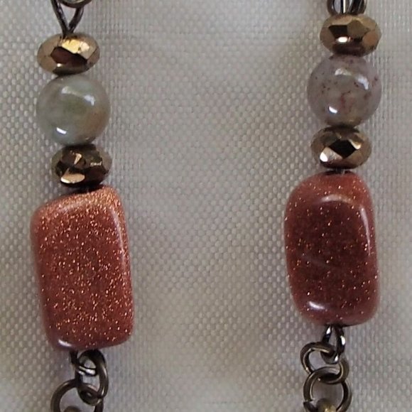 Speckled Goldstone Labradorite Gemstone Earrings Rondelle Spacers Brass Peace - Picture 13 of 13